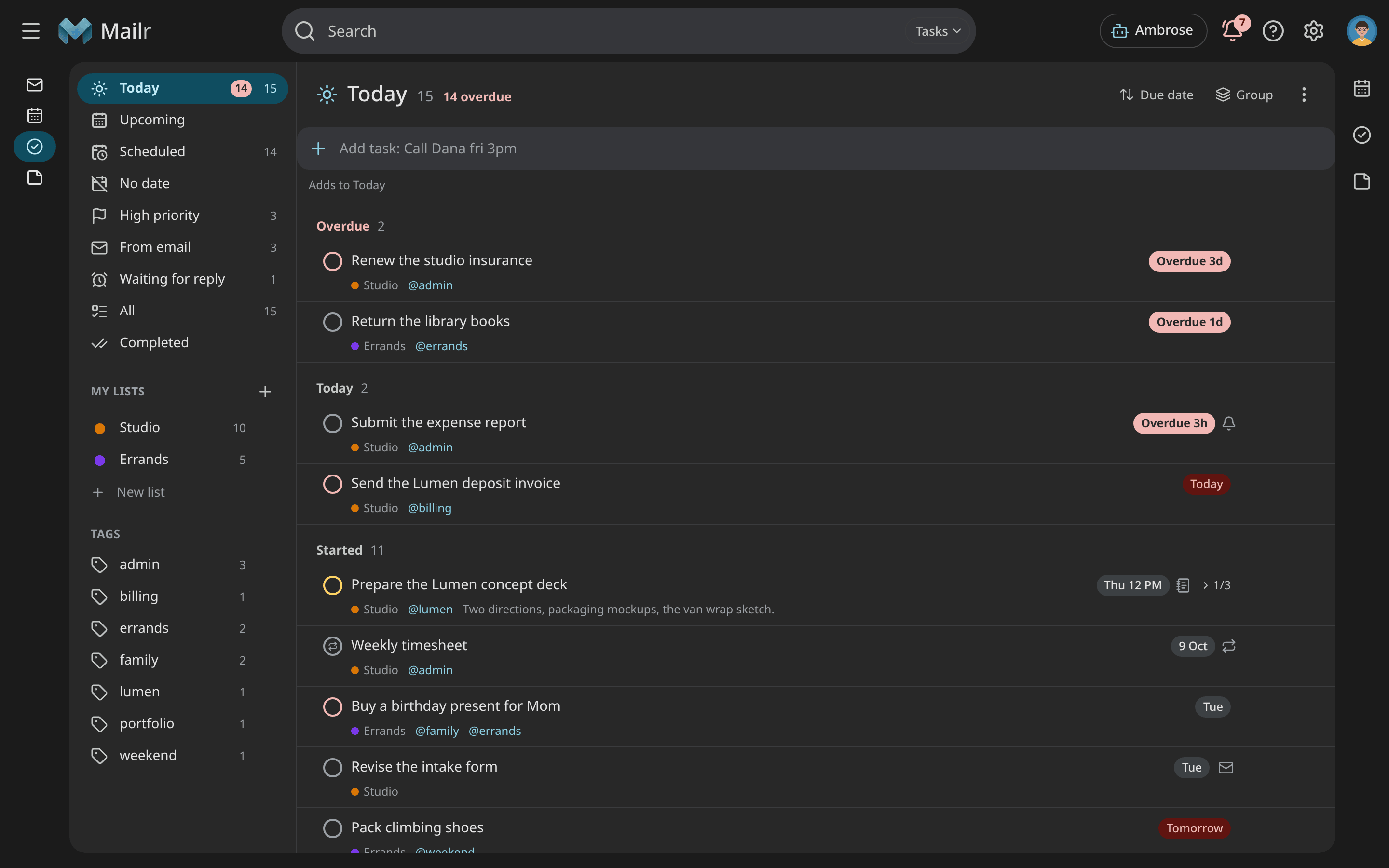 The Tasks app in the dark colour scheme