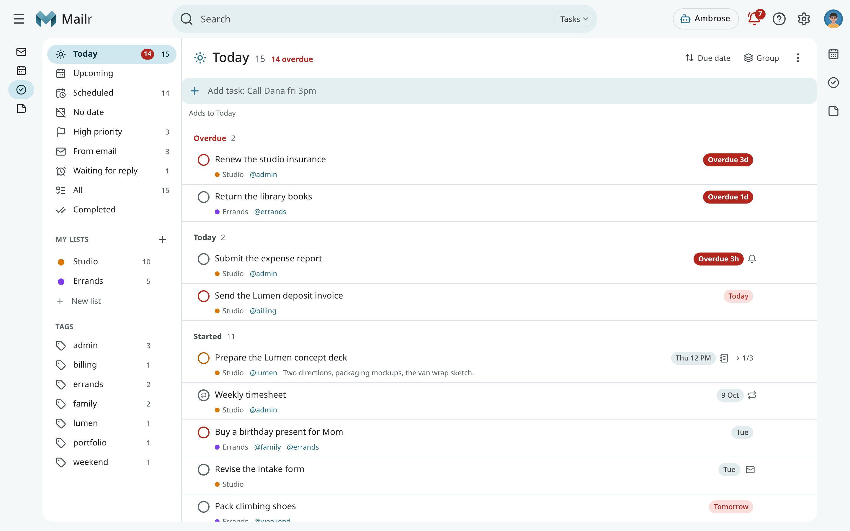 The Tasks app showing Today, with smart lists, lists and tags on the left