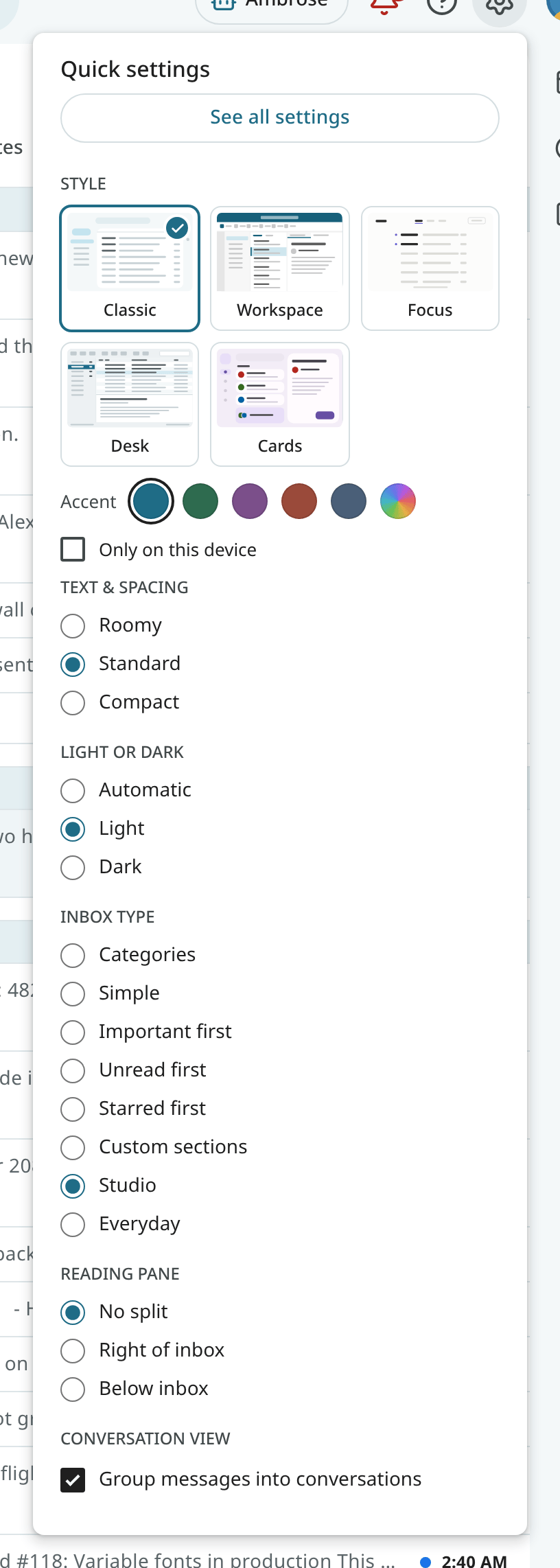 Quick settings with style, text and spacing, and reading pane