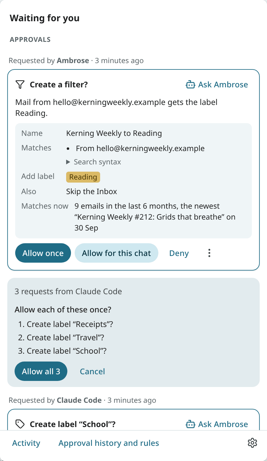 The Waiting for you bell with three label requests from one agent and the Allow all 3 list