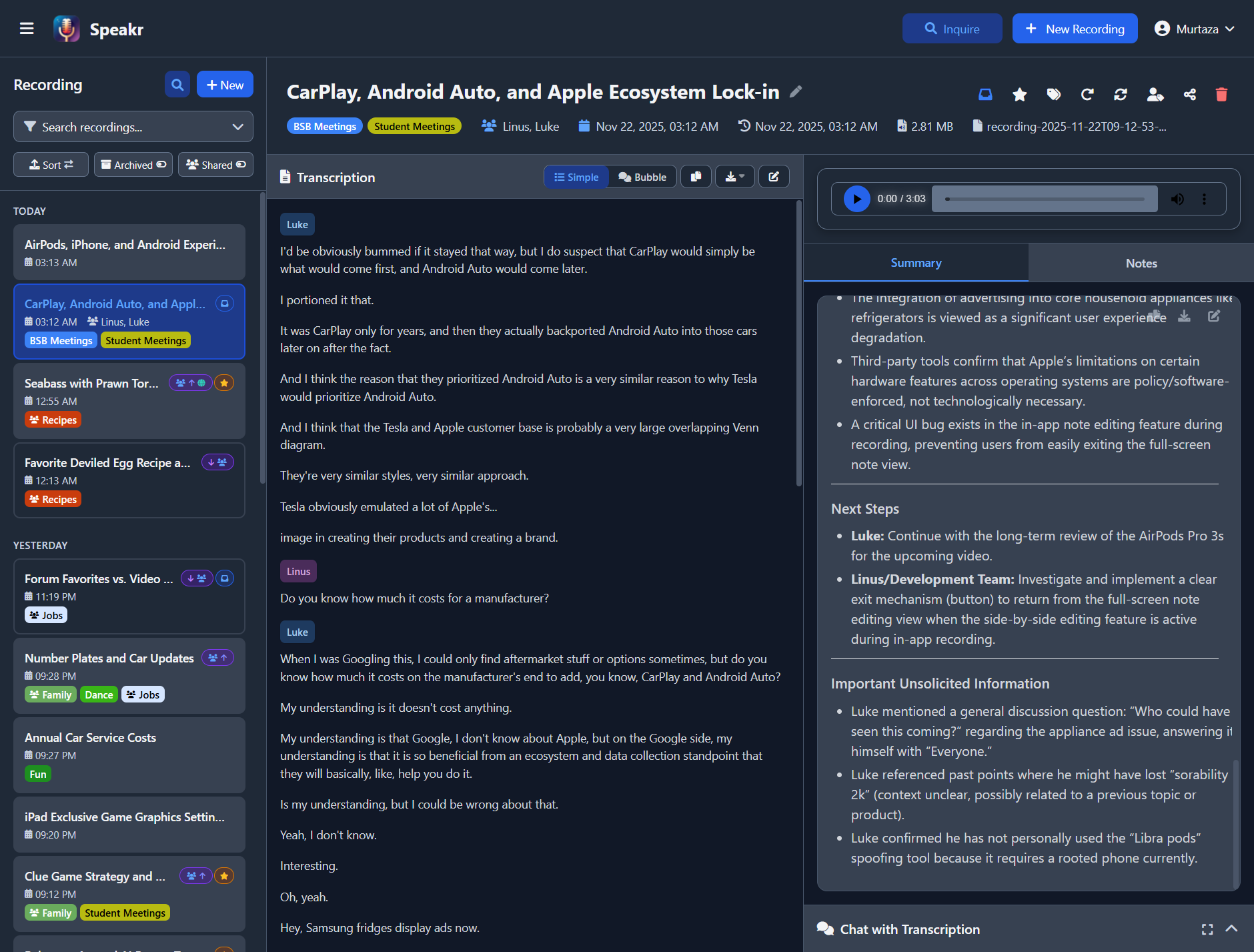 Transcription with Speakers