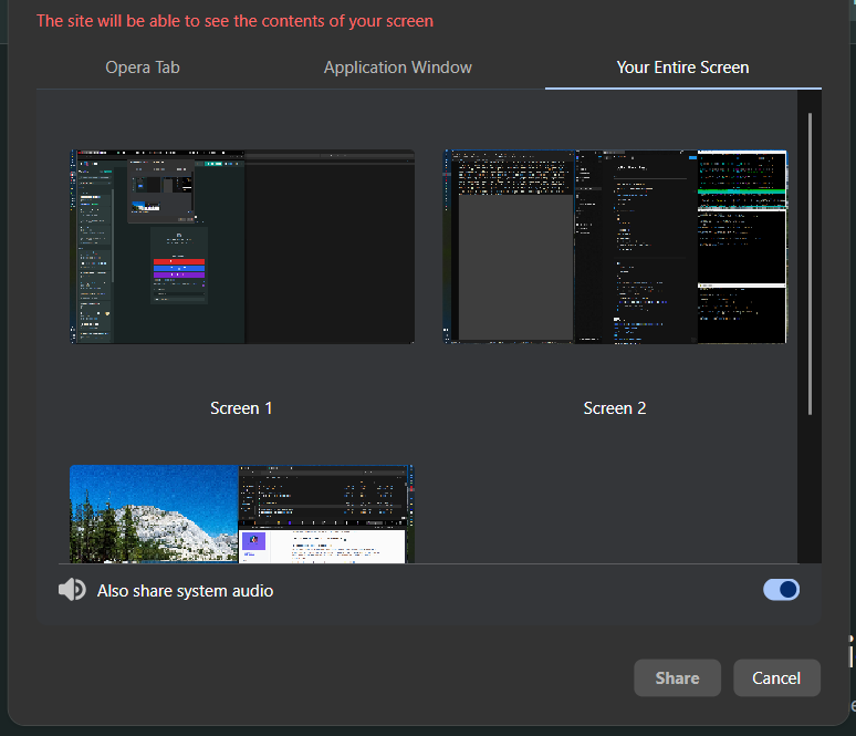 Screen Selection Dialog