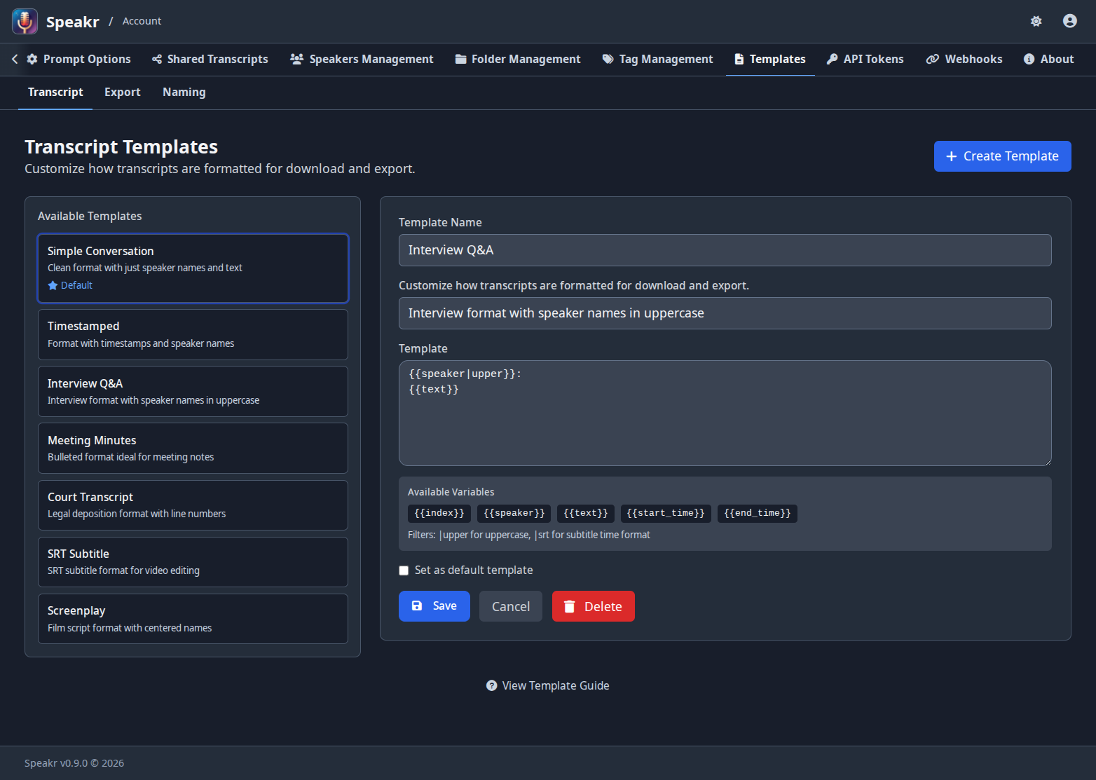 Export templates