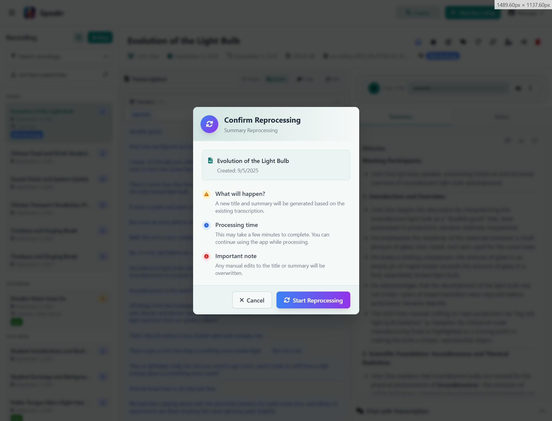 Summary Reprocessing Modal