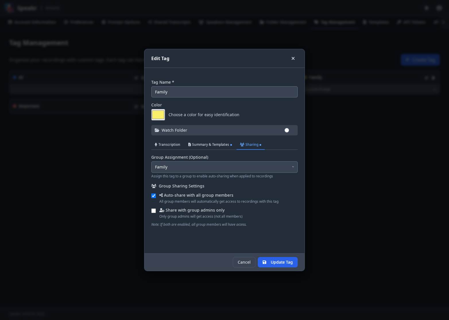 Tag sharing options